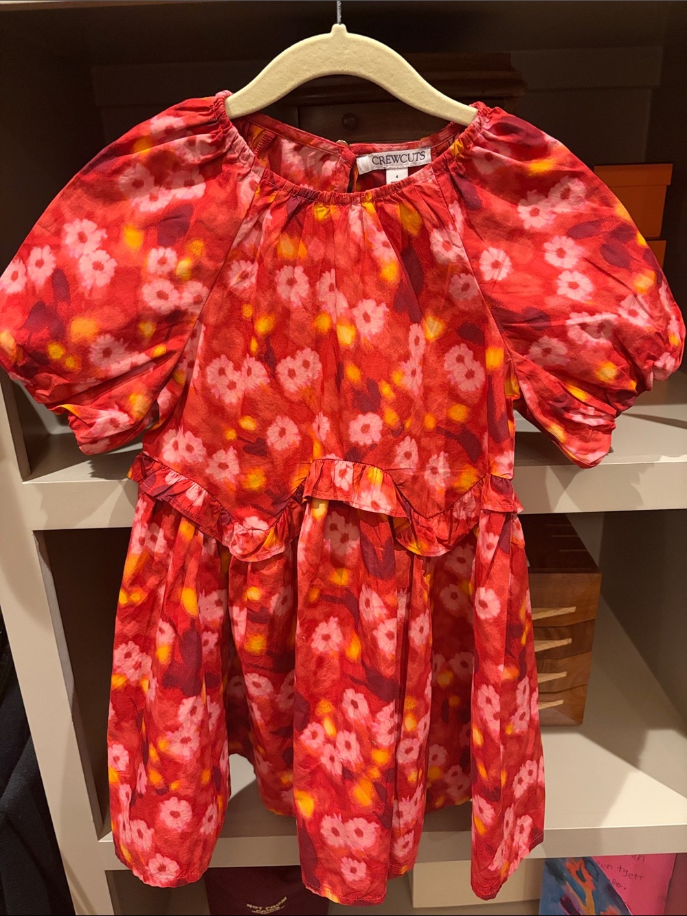 Crewcuts Red Floral Puff-Sleeve Ruffle Dress Size 4